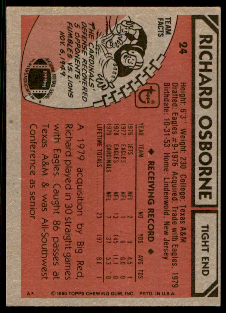 1980 TOPPS FOOTBALL RICHARD OSBORNE ST. LOUIS CARDINALS #24