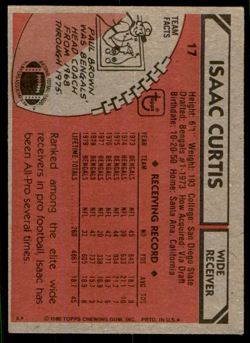 1980 TOPPS ISAAC CURTIS CINCINNATI BENGALS #17