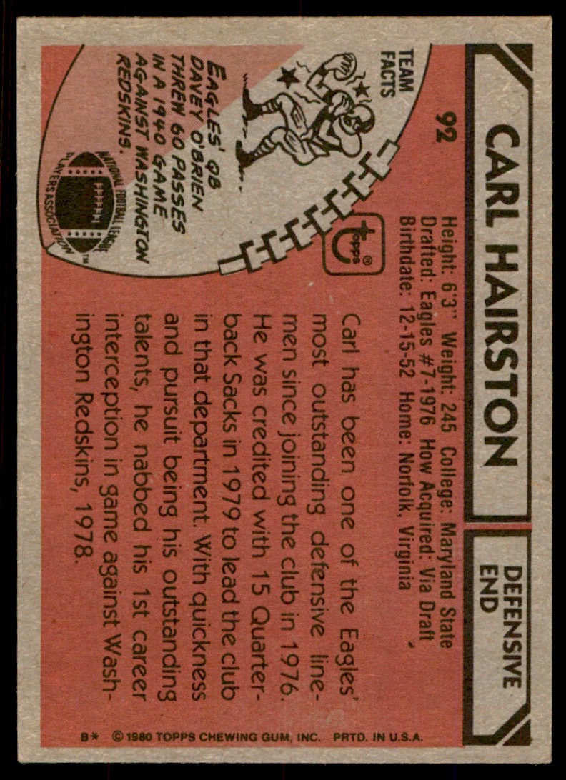 1980 TOPPS FOOTBALL CARL HAIRSTON PHILADELPHIA EAGLES #92