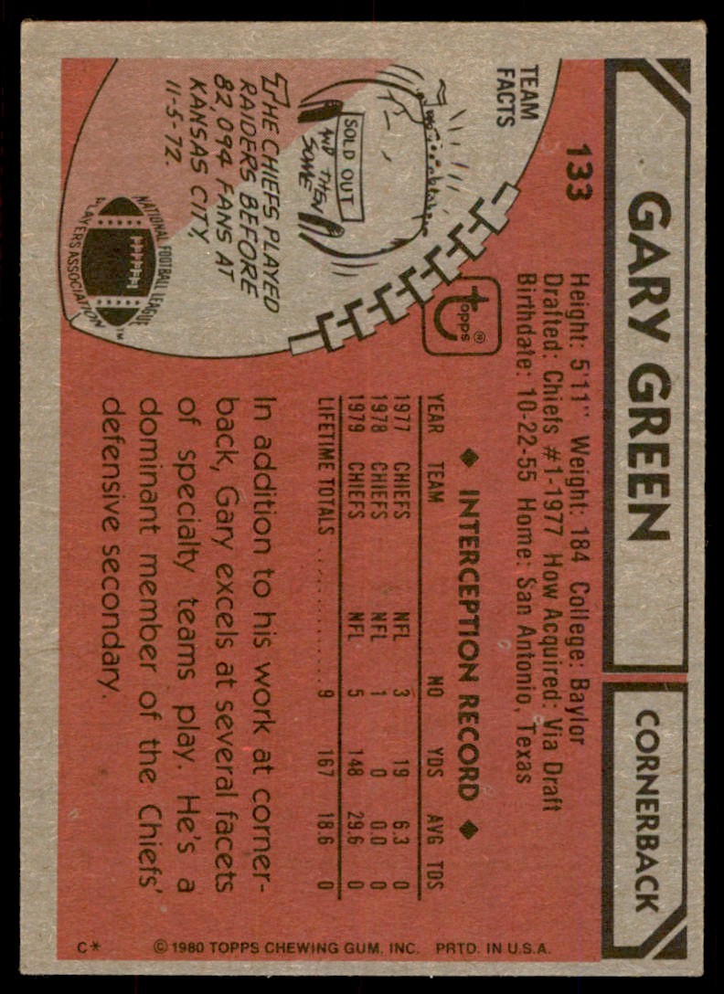 1980 TOPPS GARY GREEN KANSAS CITY CHIEFS #133