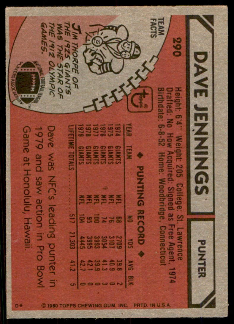 1980 TOPPS FOOTBALL DAVE JENNINGS NEW YORK GIANTS #290