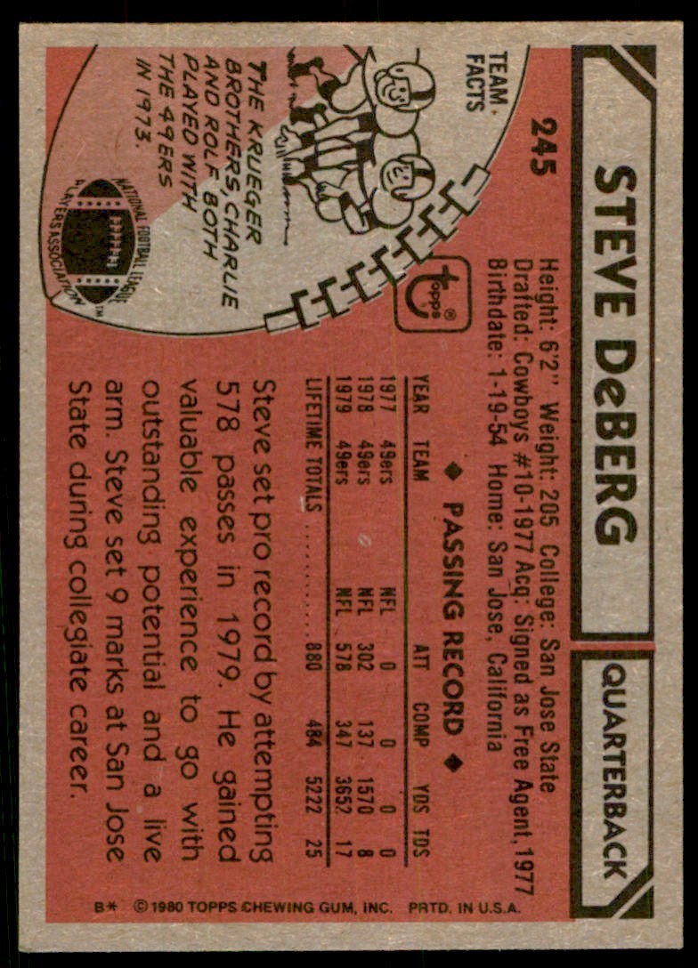 1980 TOPPS FOOTBALL STEVE DEBERG SAN FRANCISCO 49ERS #245