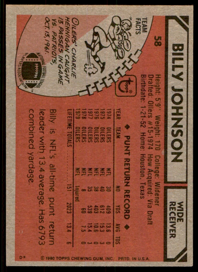 1980 TOPPS FOOTBALL BILLY JOHNSON HOUSTON OILERS #58