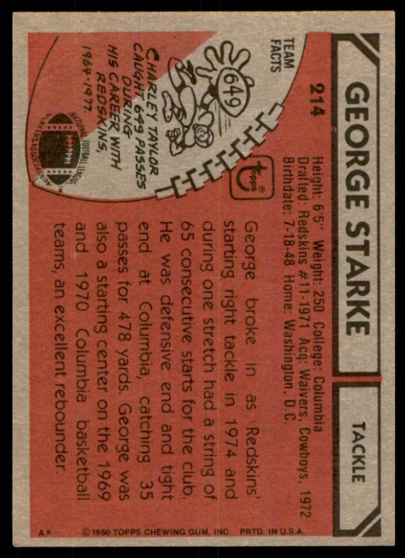 1980 TOPPS FOOTBALL GEORGE STARKE WASHINGTON REDSKINS #214