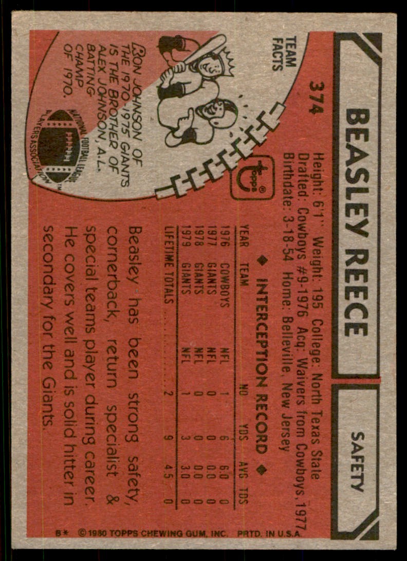 1980 TOPPS BEASLEY REECE NEW YORK GIANTS #374A