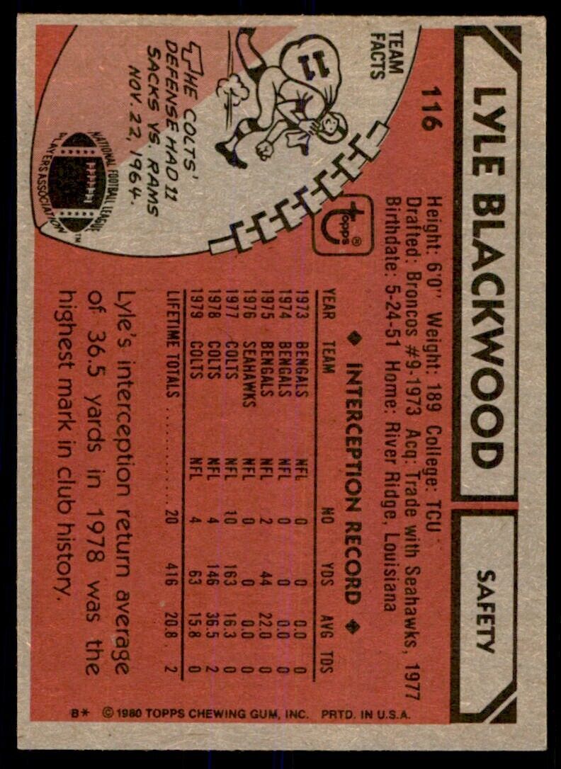 1980 TOPPS LYLE BLACKWOOD BALTIMORE COLTS #116