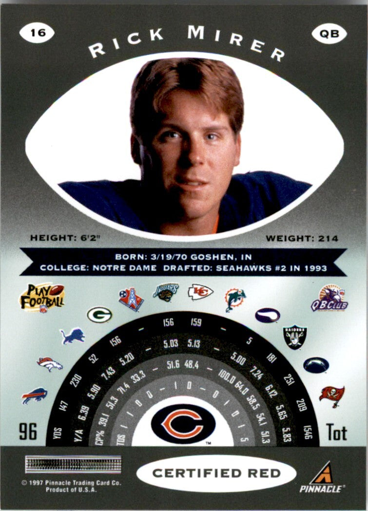 1997 Pinnacle Certified w/ peel off Rick Mirer . #16