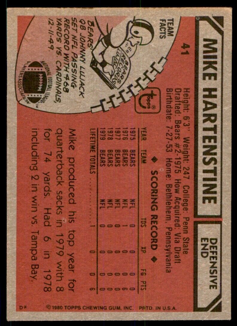 1980 TOPPS MIKE HARTENSTINE CHICAGO BEARS #41
