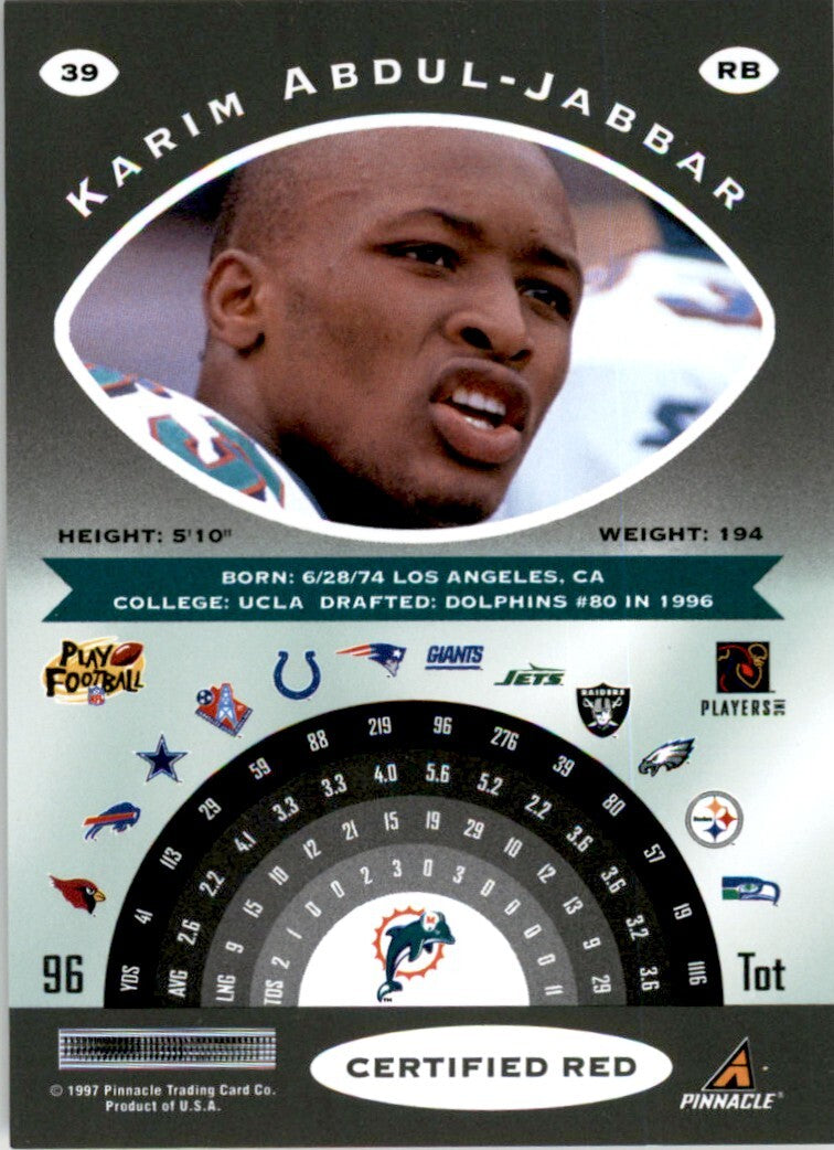 1997 Pinnacle Certified w/ peel off Karim Abdul-Jabbar . #39