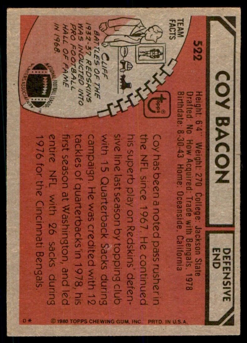 1980 Topps NFL Coy Bacon Washington Redskins #522