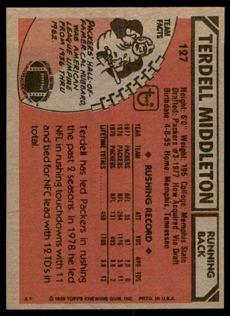 1980 TOPPS TERDELL MIDDLETON GREEN BAY PACKERS #127.