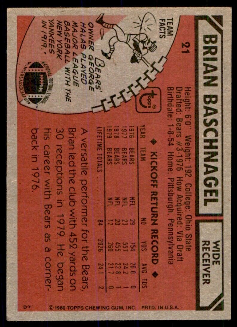 1980 TOPPS BRIAN BASCHNAGEL CHICAGO BEARS #21