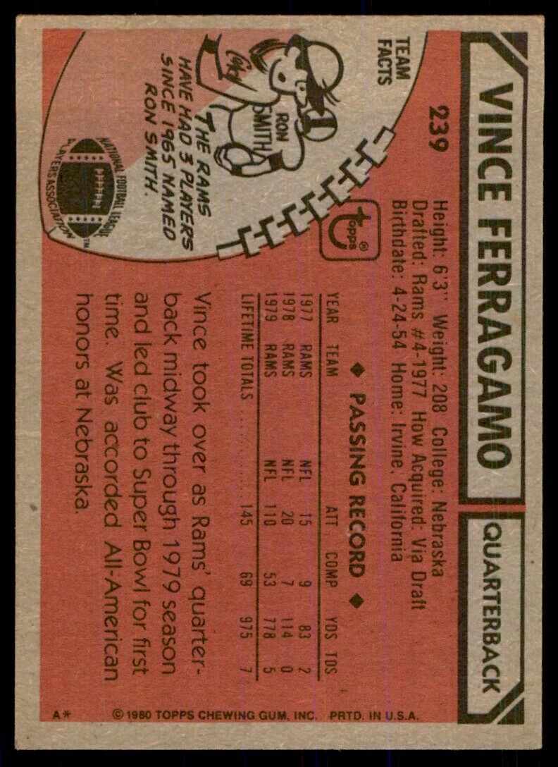 1980 TOPPS VINCE FERRAGAMO LOS ANGELES RAMS #239*