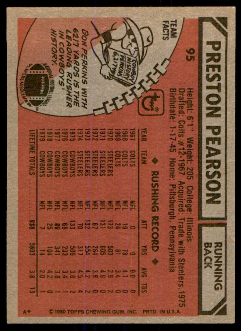 1980 TOPPS PRESTON PEARSON DALLAS COWBOYS #95*
