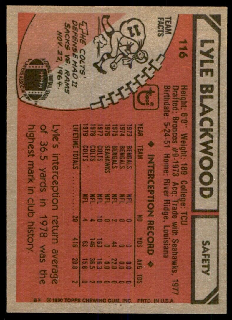 1980 TOPPS LYLE BLACKWOOD BALTIMORE COLTS #116*
