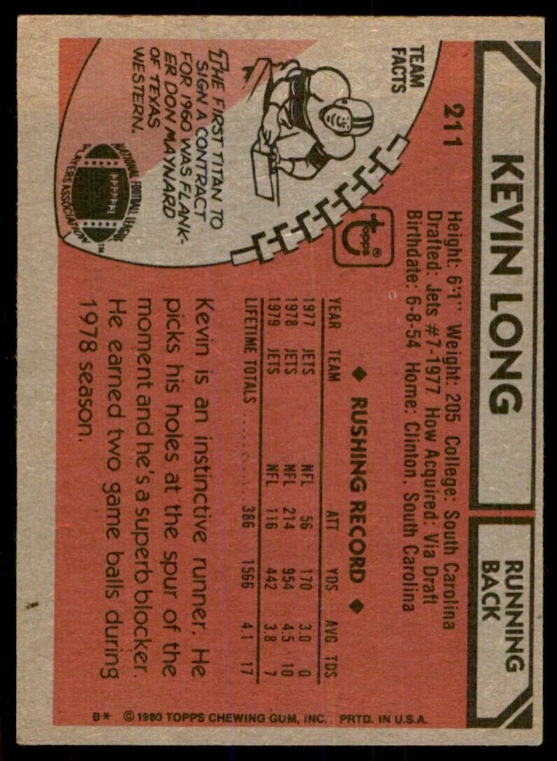 1980 Topps Kevin Long New York Jets #211.