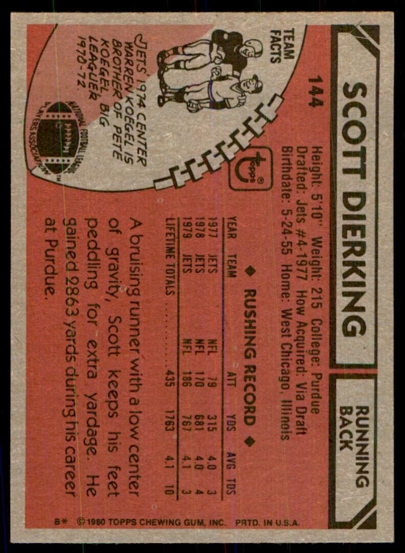 1980 TOPPS.NFL SCOTT DIERKING NEW YORK JETS #144.