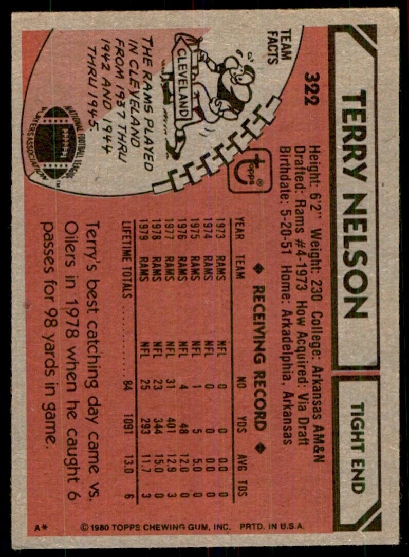 1980 Topps.NFL Terry Nelson Los Angeles Rams #322