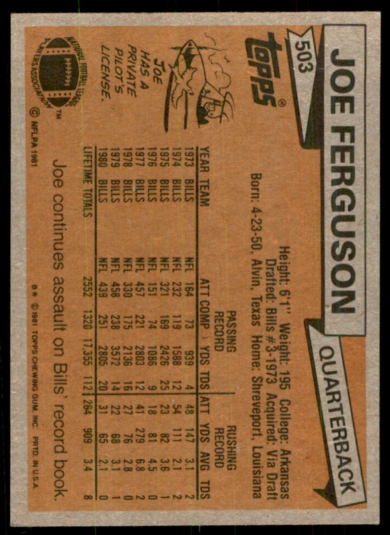 1981 TOPPS JOE FERGUSON. BUFFALO BILLS #503