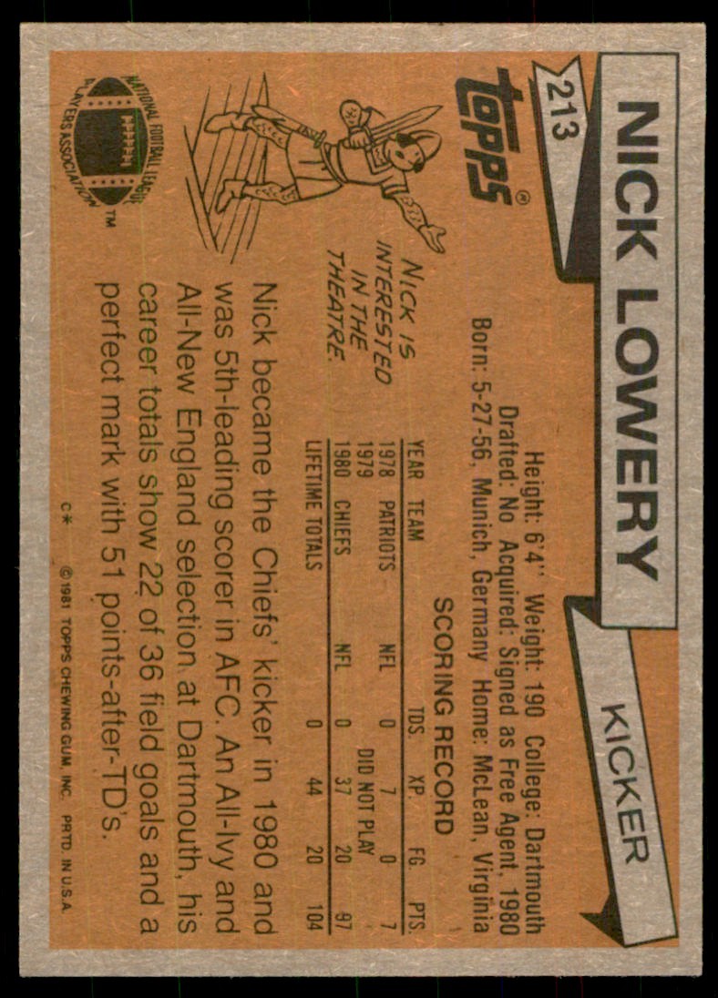 1981 TOPPS NICK LOWERY* KANSAS CITY CHIEFS #213