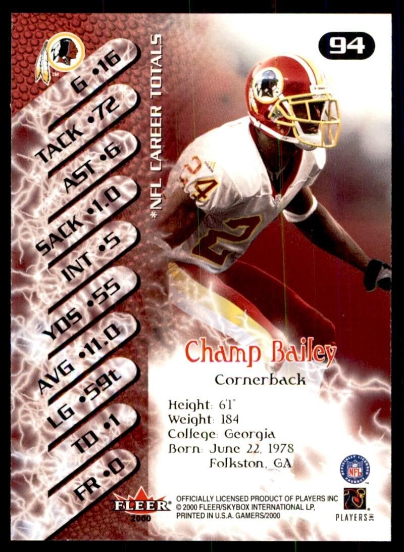 2000 Fleer Gamers Champ Bailey Football Cards #94