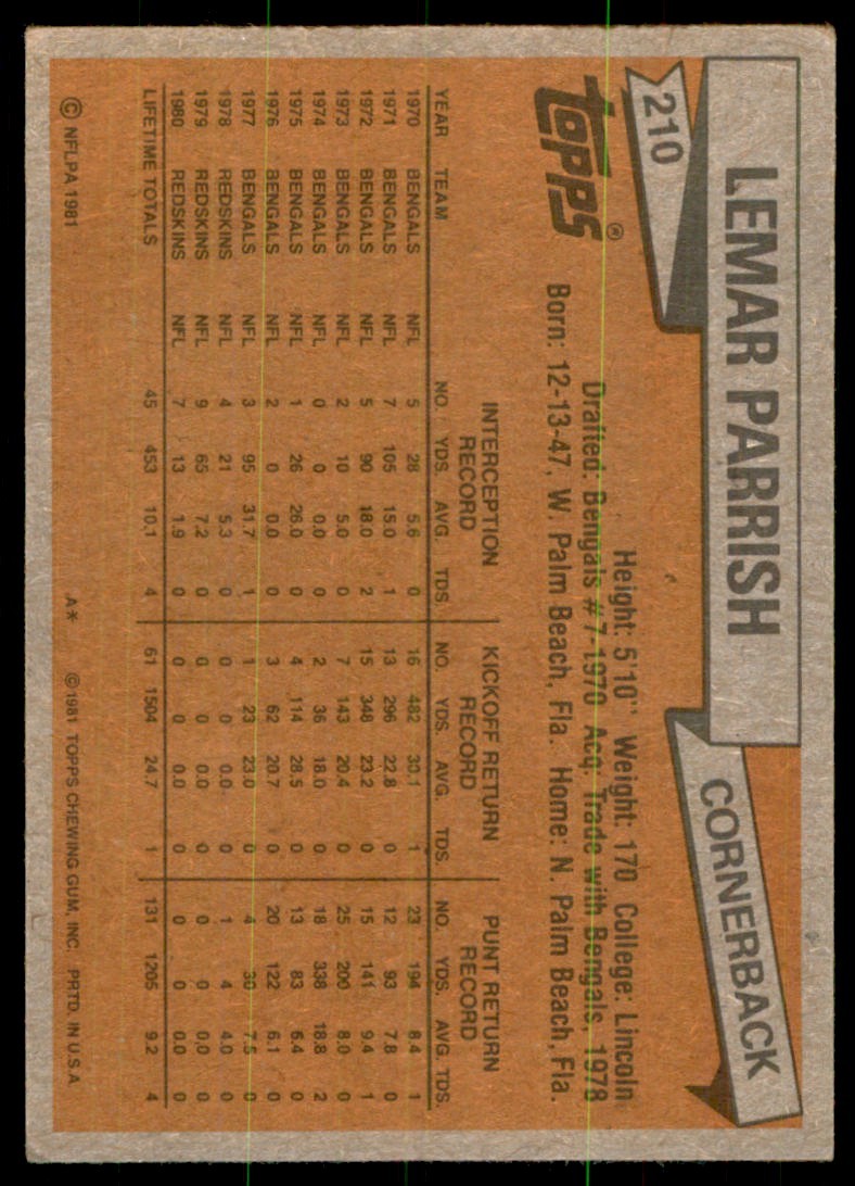 1981 TOPPS LEMAR PARRISH* WASHINGTON REDSKINS #210
