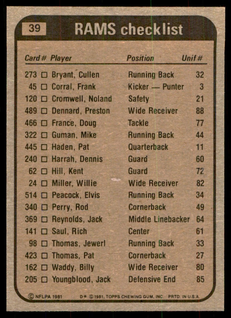1981 TOPPS CULLEN BRYANT/BILLY WADDY/NOLAN CROMWELL/JACK YOUNGBLOOD LOS ANGELES