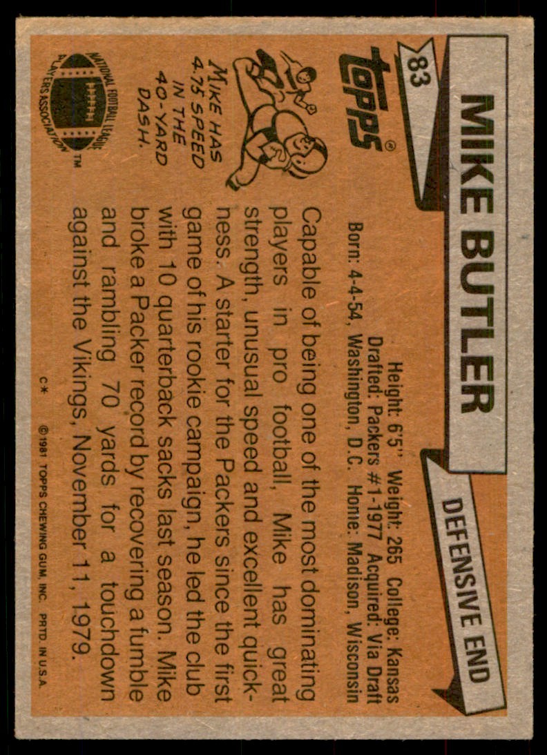 1981 TOPPS* MIKE BUTLER. GREEN BAY PACKERS #83