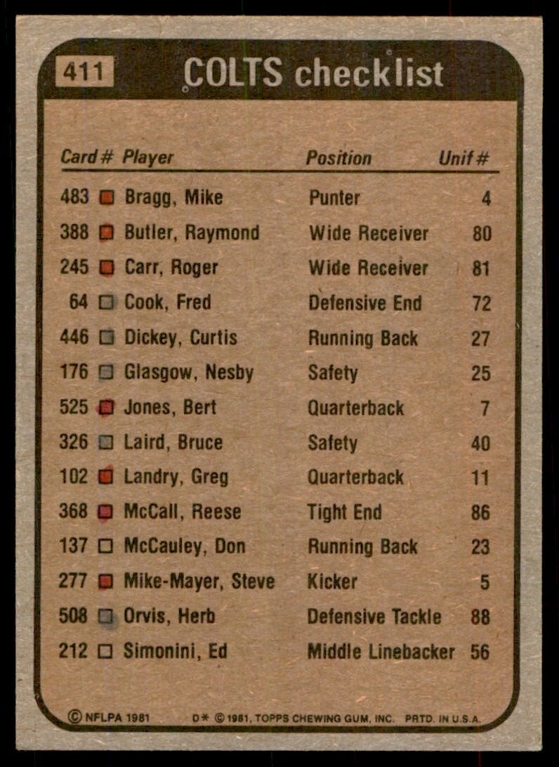 1981 TOPPS* CURTIS DICKEY/ROGER CARR/BRUCE LAIRD/MIKE BARNES BALTIMORE COLTS