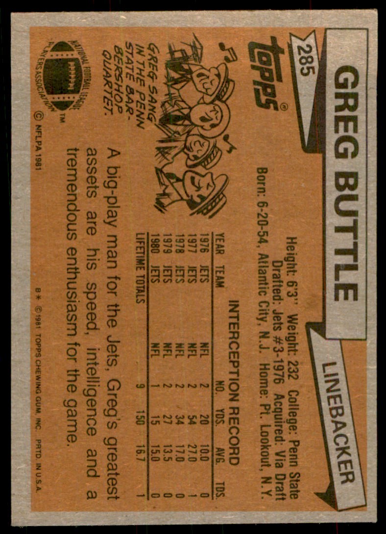 1981 TOPPS_ GREG BUTTLE. NEW YORK JETS #285