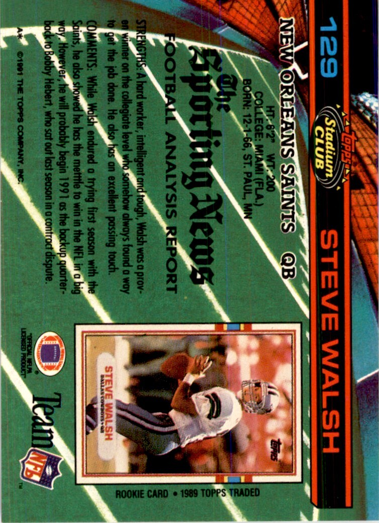 1991 Stadium Club Steve Walsh . New Orleans Saints #129