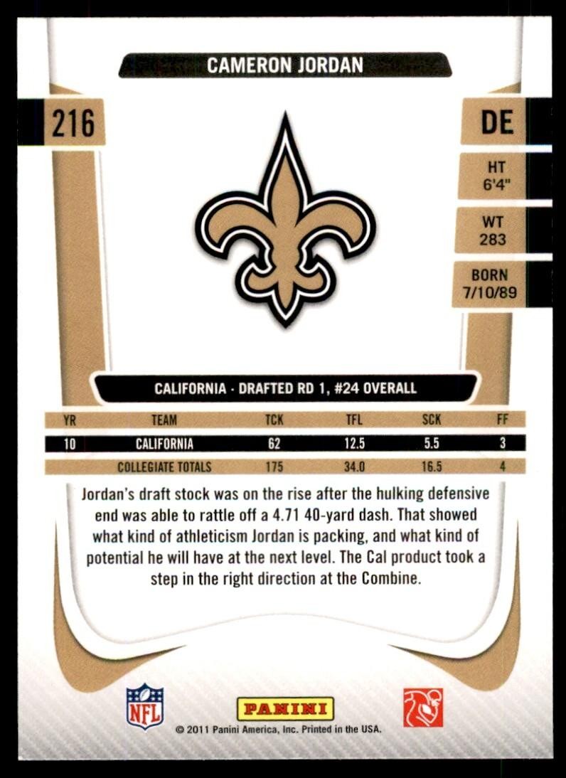 2011 Panini Prestige. Cameron Jordan Football Cards #216