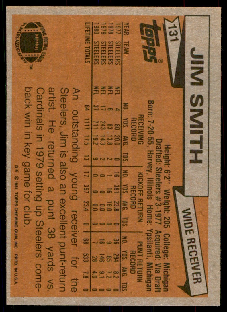1981 TOPPS_ JIM SMITH PITTSBURGH STEELERS #131
