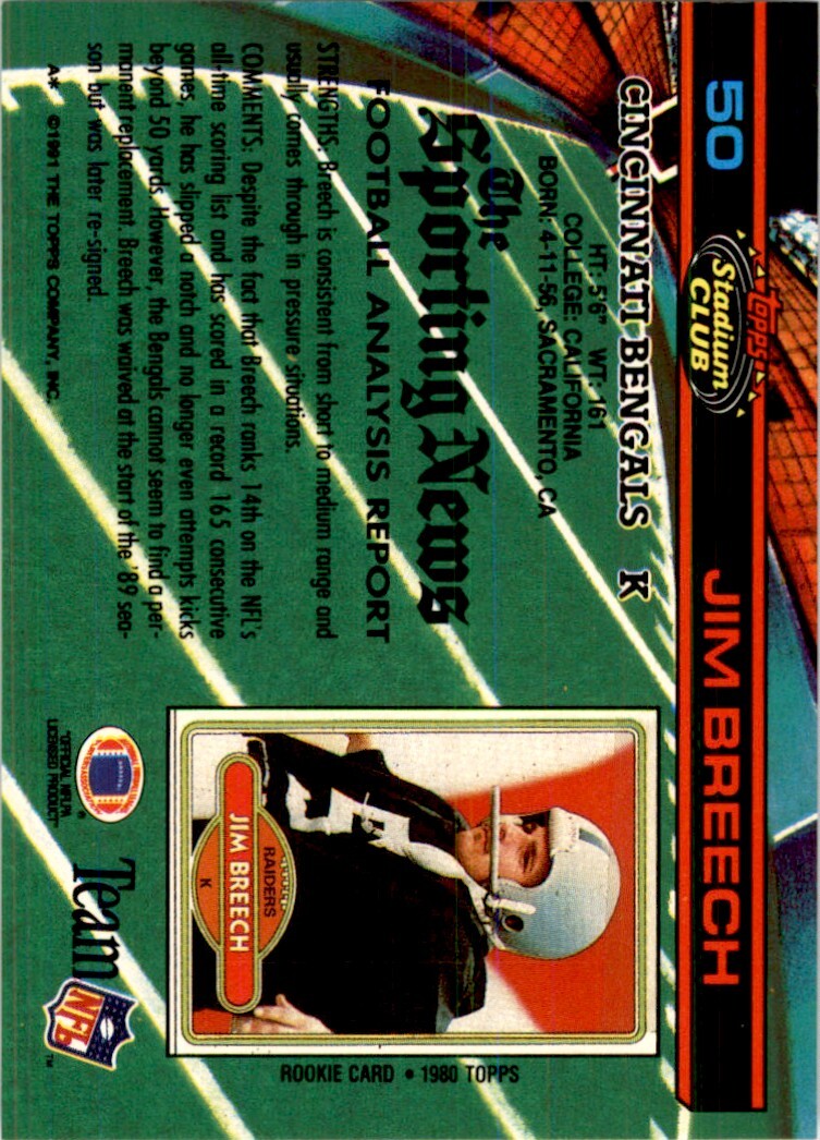 1991 Stadium Club Jim Breech . Cincinnati Bengals #50