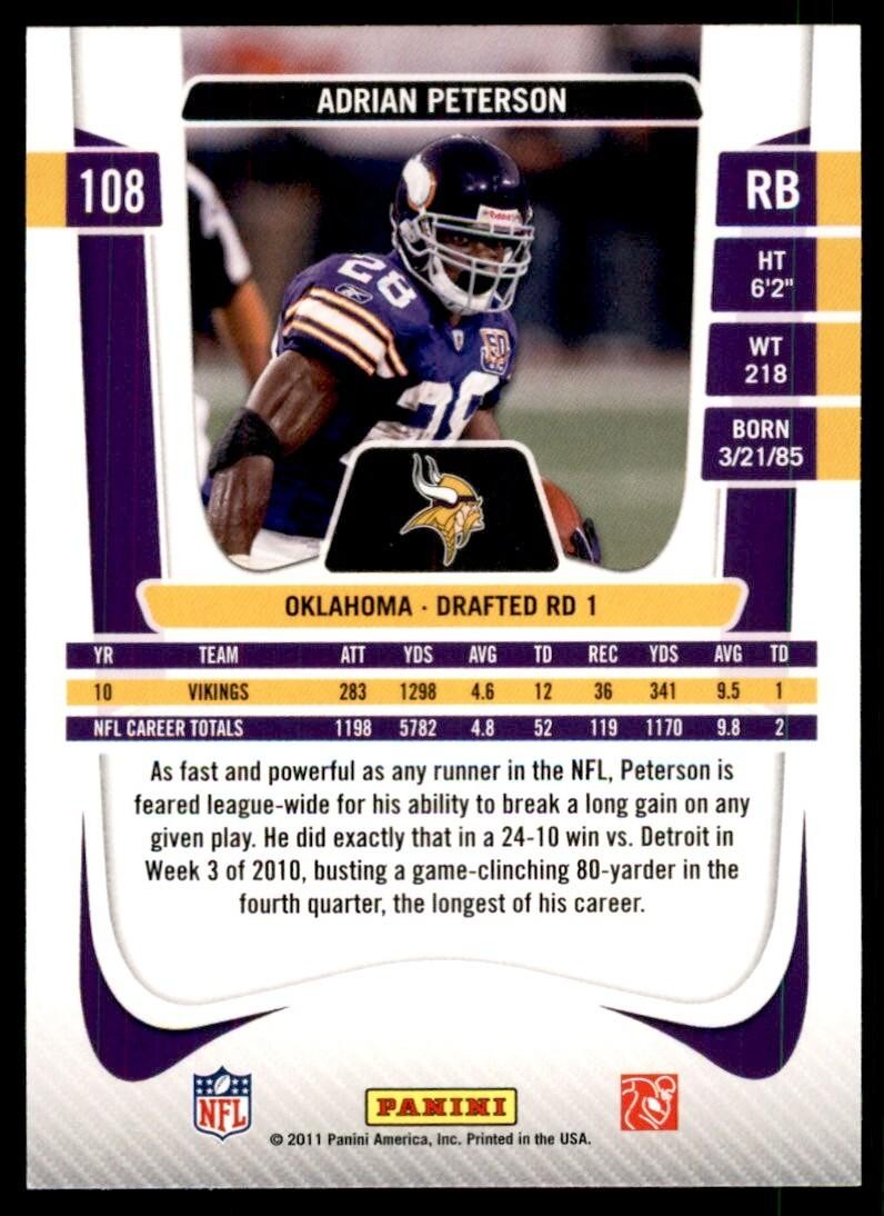 2011 Panini Prestige. Adrian Peterson Football Cards #108