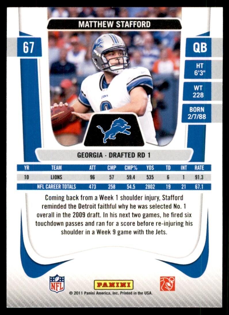 2011 Panini Prestige. Matthew Stafford Football Cards #67