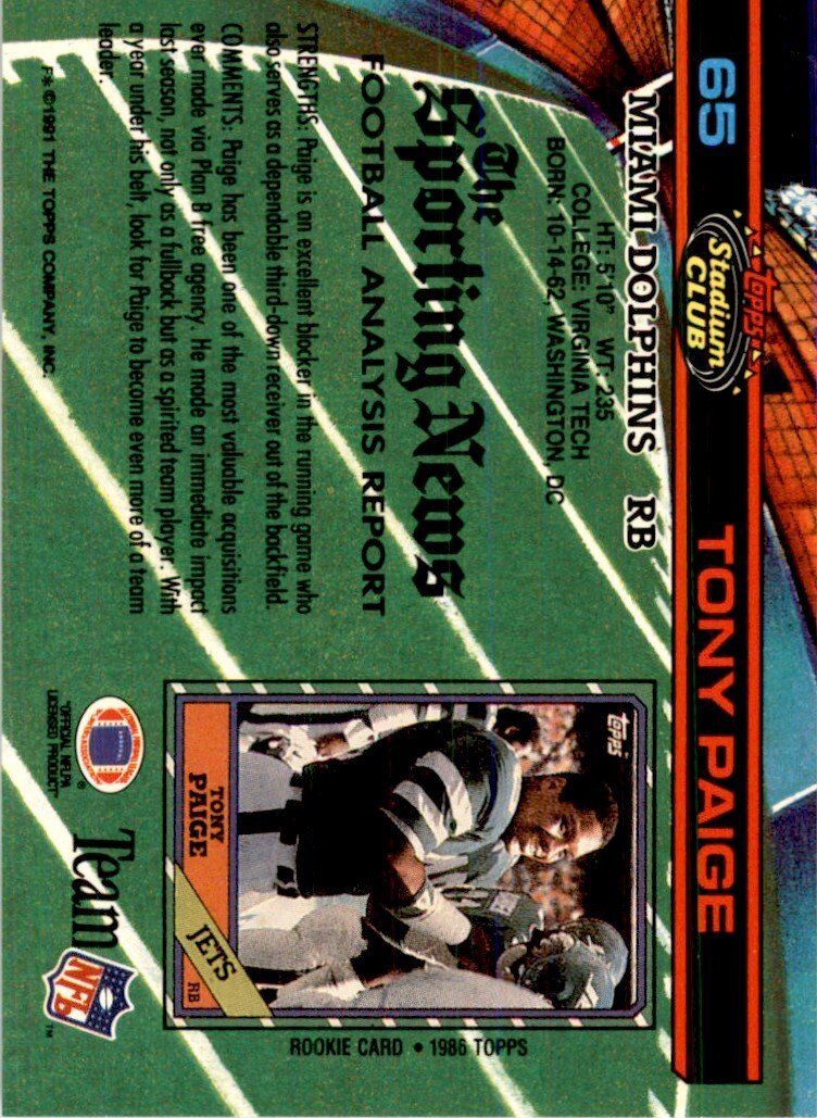 1991 Stadium Club Tony Paige . Miami Dolphins #65
