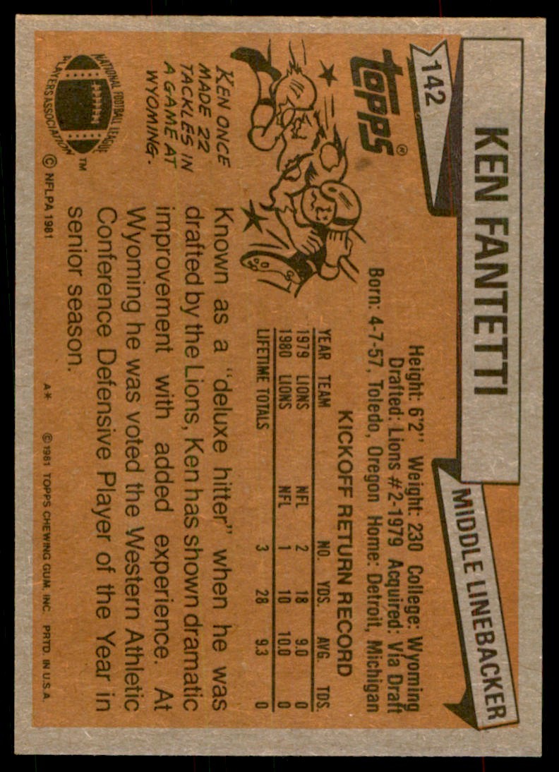 1981 TOPPS_ KEN FANTETTI DETROIT LIONS #142
