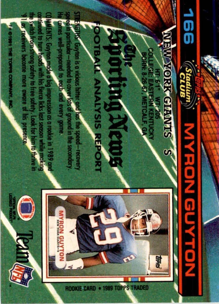 1991 Stadium Club Myron Guyton . New York Giants #166