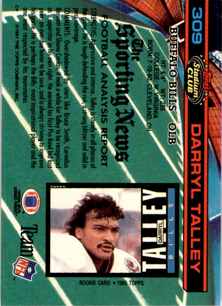 1991 Stadium Club Darryl Talley . Buffalo Bills #309