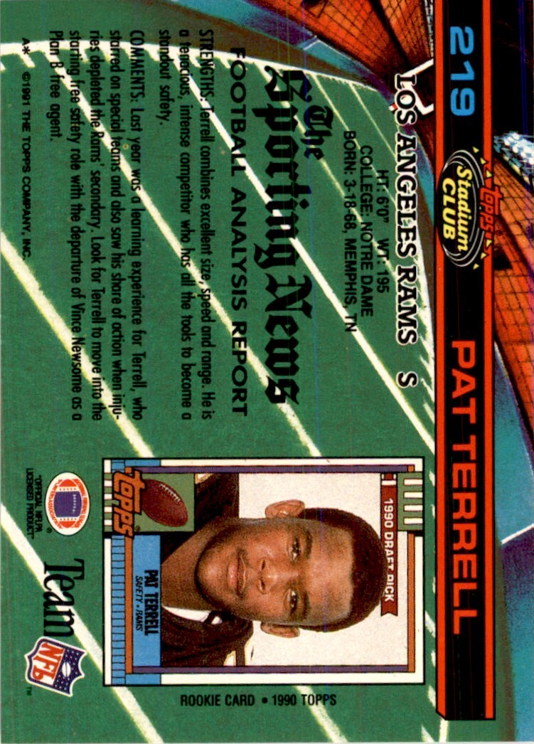 1991 Stadium Club Pat Terrell . Los Angeles Rams #219