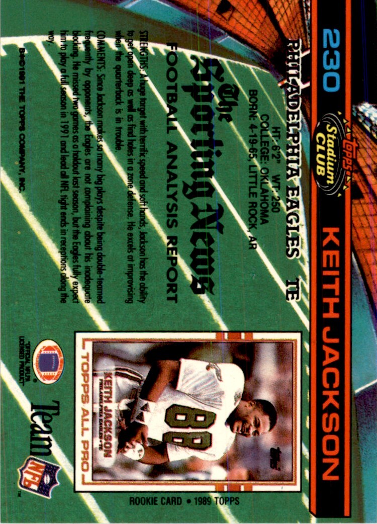 1991 Stadium Club Keith Jackson . Philadelphia Eagles #230