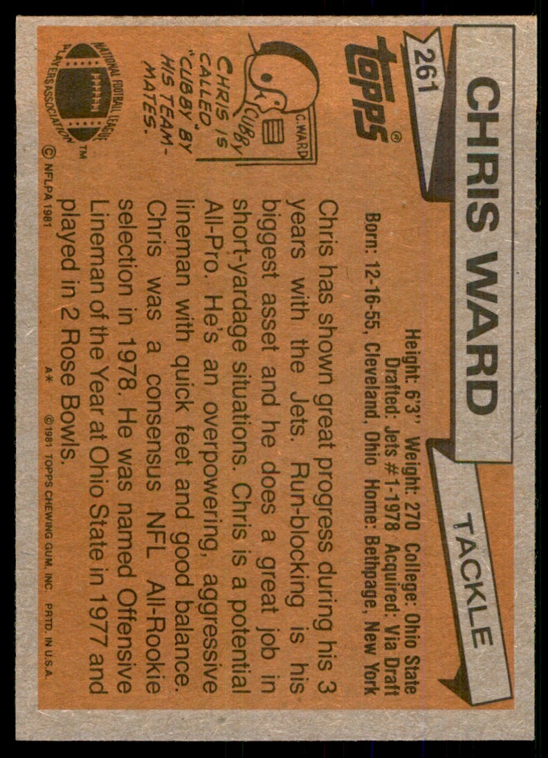 1981 TOPPS' CHRIS WARD NEW YORK JETS #261