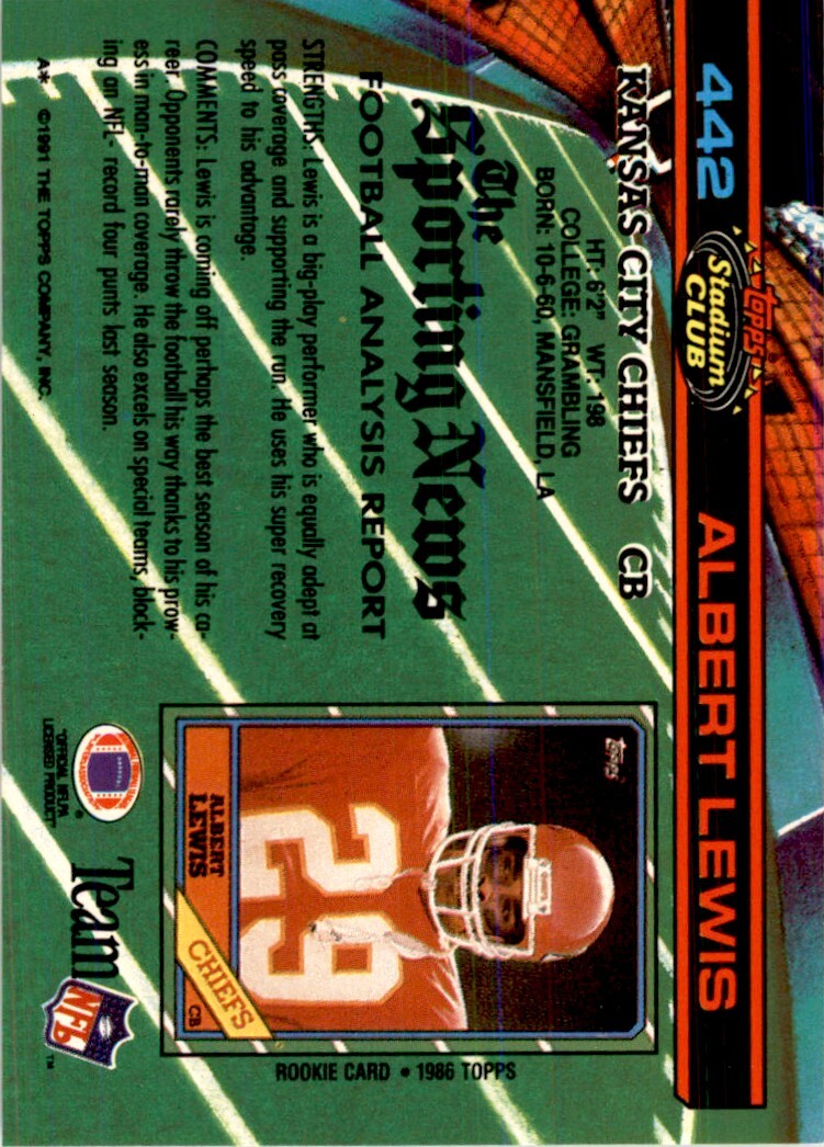 1991 Stadium Club Albert Lewis . Kansas City Chiefs #442
