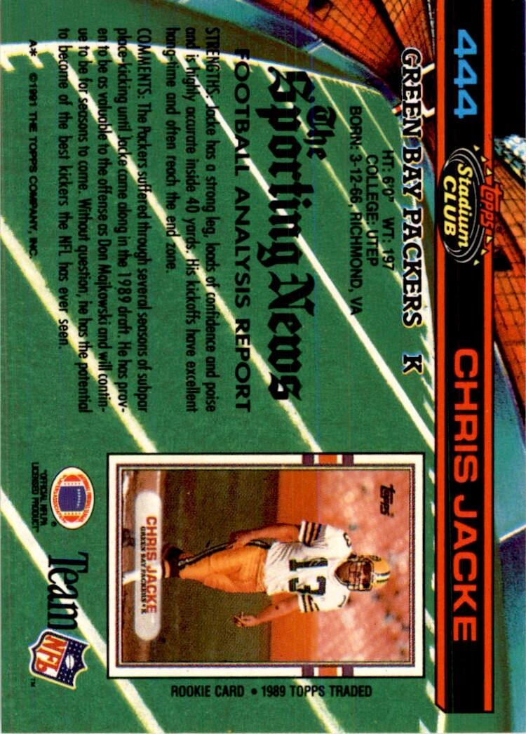 1991 Stadium Club Chris Jacke . Green Bay Packers #444