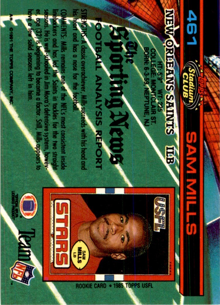 1991 Stadium Club Sam Mills . New Orleans Saints #461