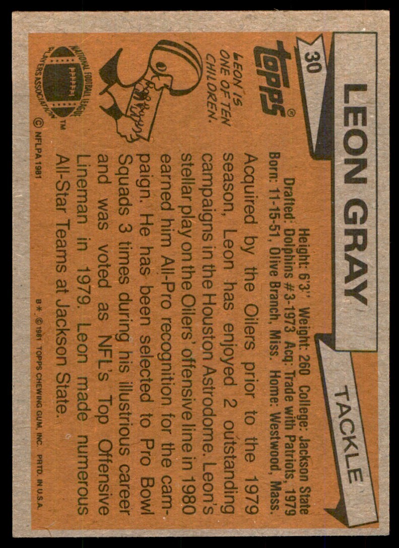 1981 TOPPS' LEON GRAY. HOUSTON OILERS #30