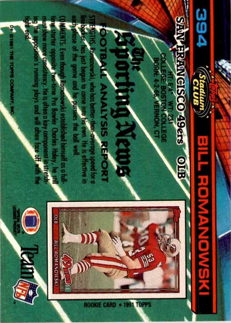 1991 Stadium Club Bill Romanowski . San Francisco 49ers #394