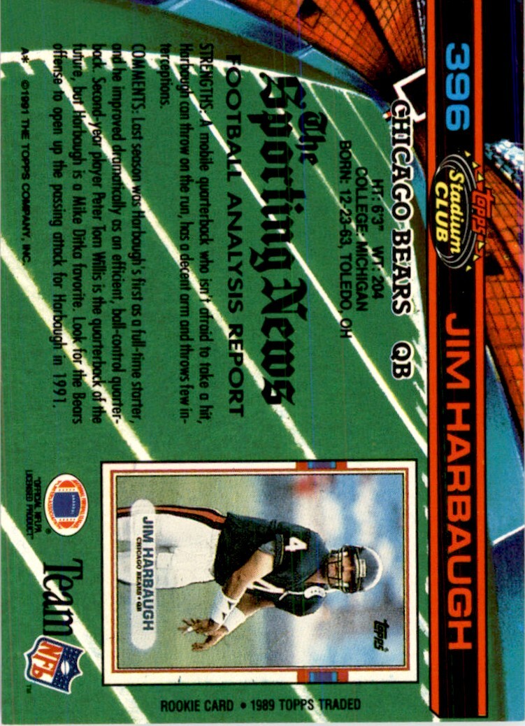 1991 Stadium Club Jim Harbaugh . Chicago Bears #396