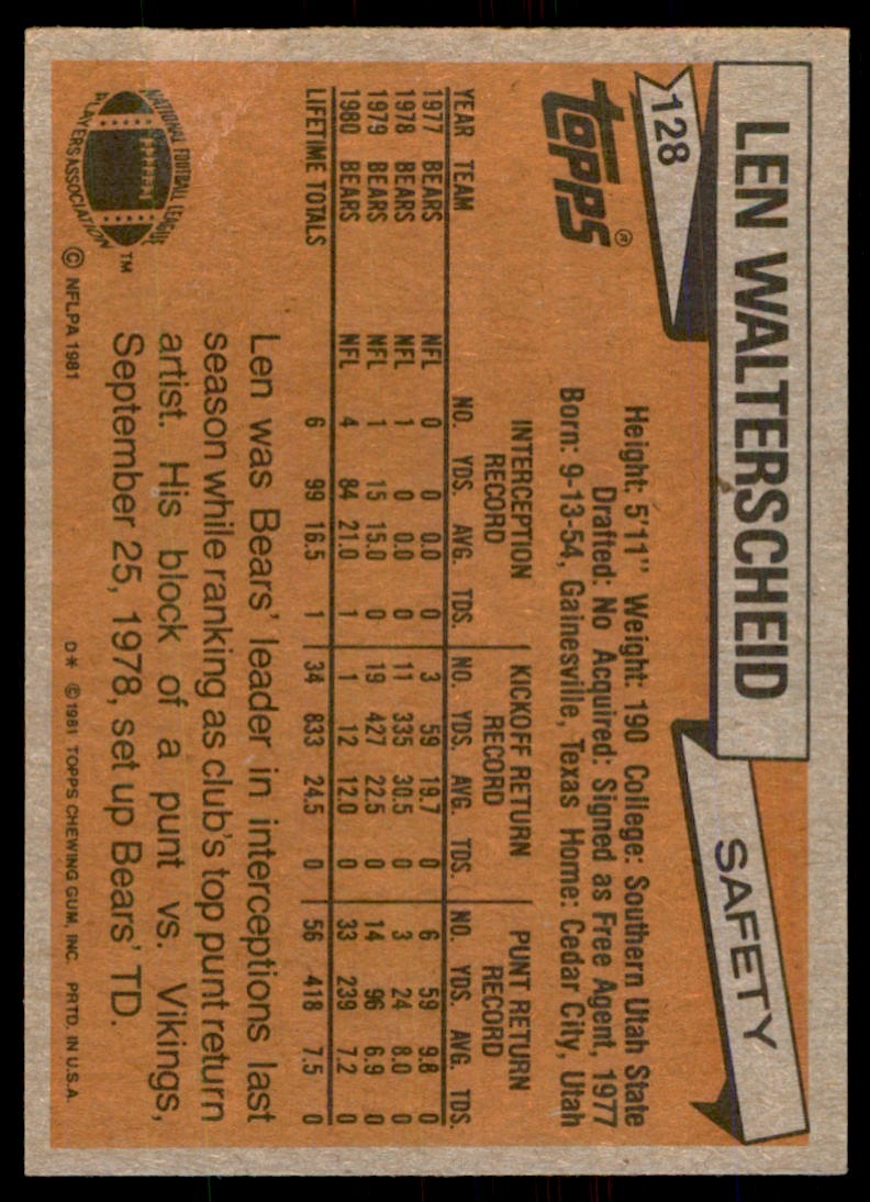 1981 TOPPS' LEN WALTERSCHEID CHICAGO BEARS #128